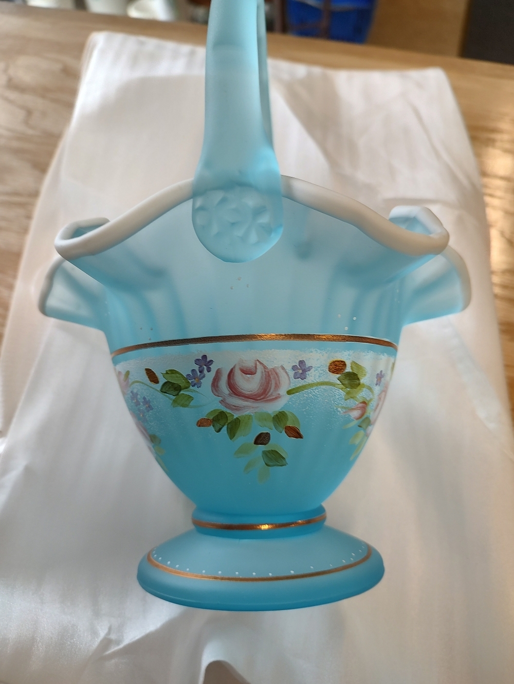 Fenton Blue  Glass Basket with Floral Motif . Signed. Charleston Collection.